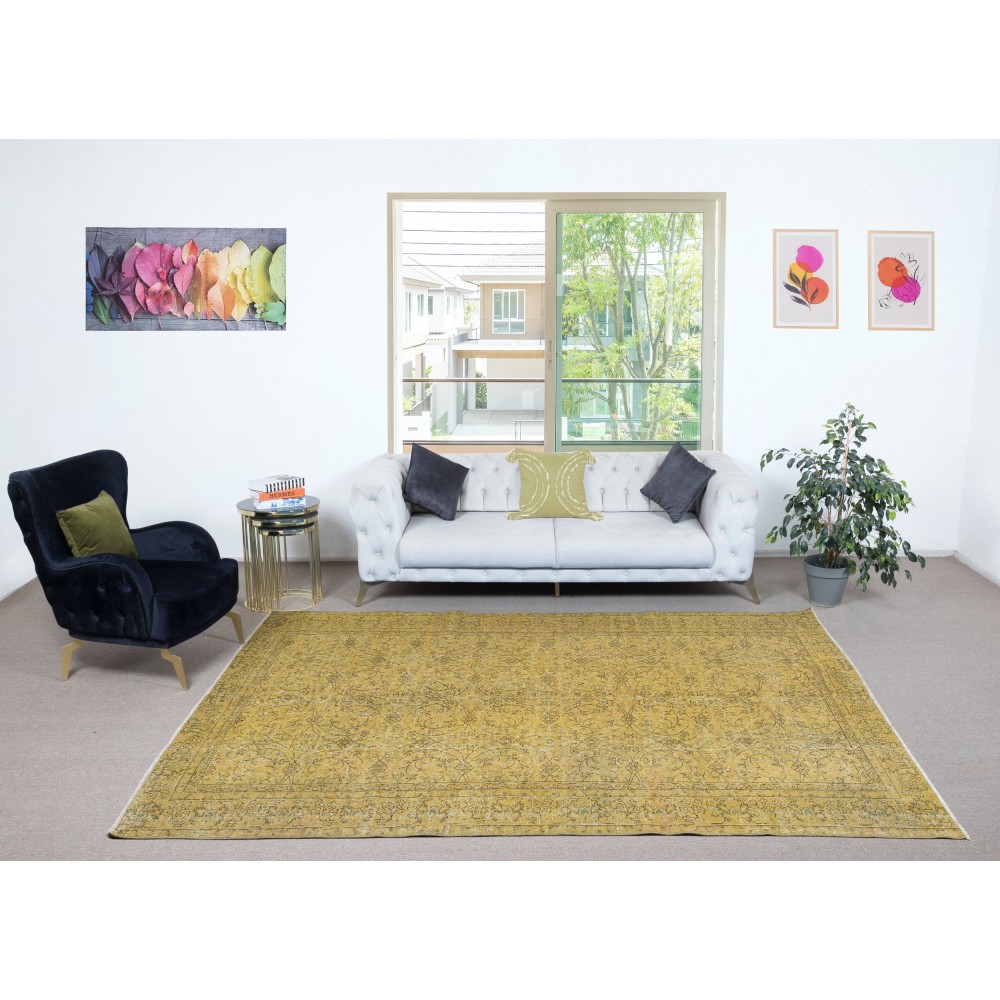 Vintage Handmade Floral Patterned Turkish Area Rug dyed in Yellow 4 Modern Interiors