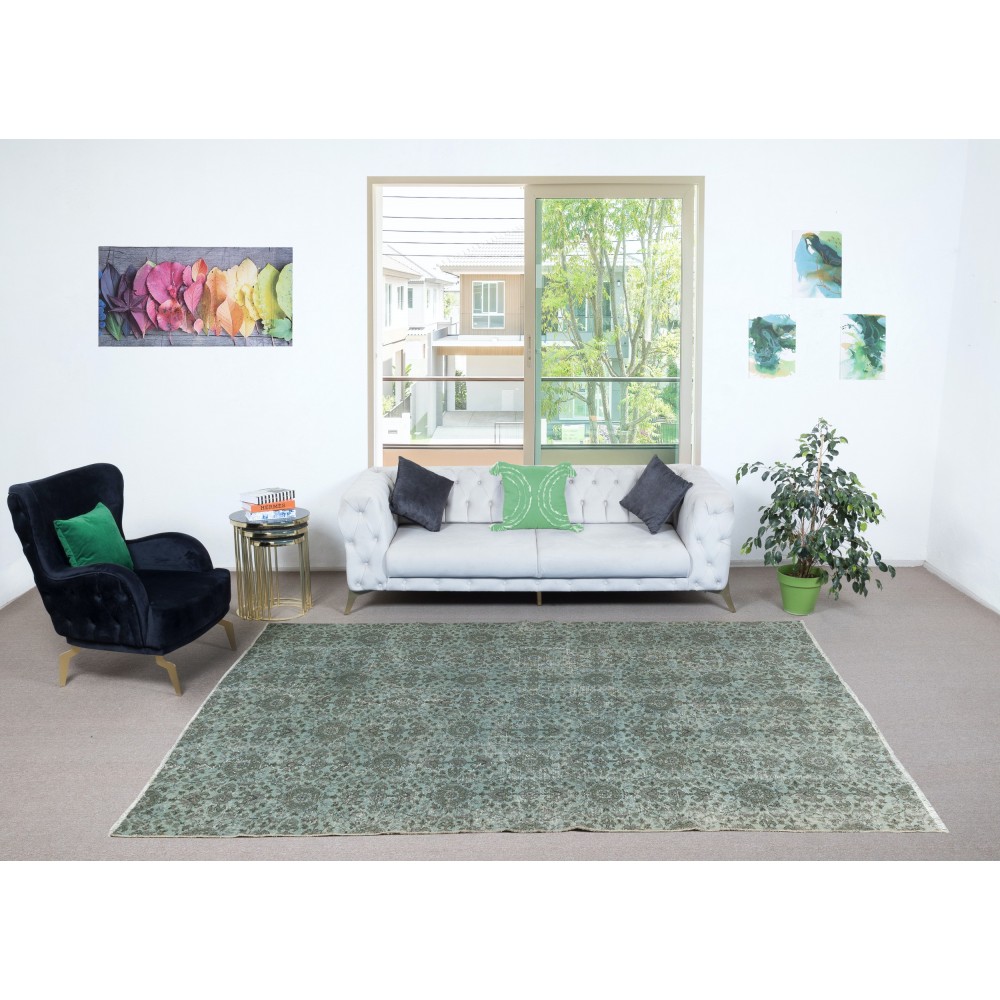 Overdyed Wool Light Blue Area Rug. Modern Floral Design Large Carpet