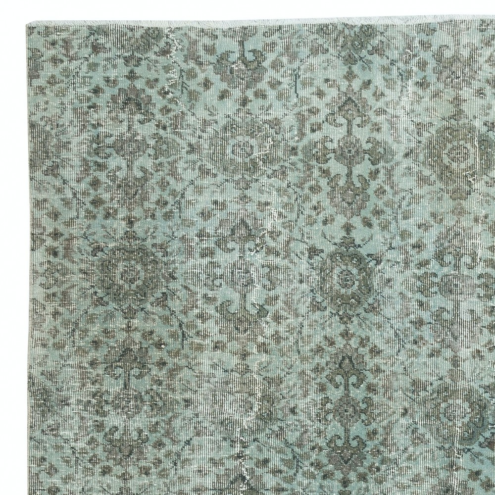 Overdyed Wool Light Blue Area Rug. Modern Floral Design Large Carpet