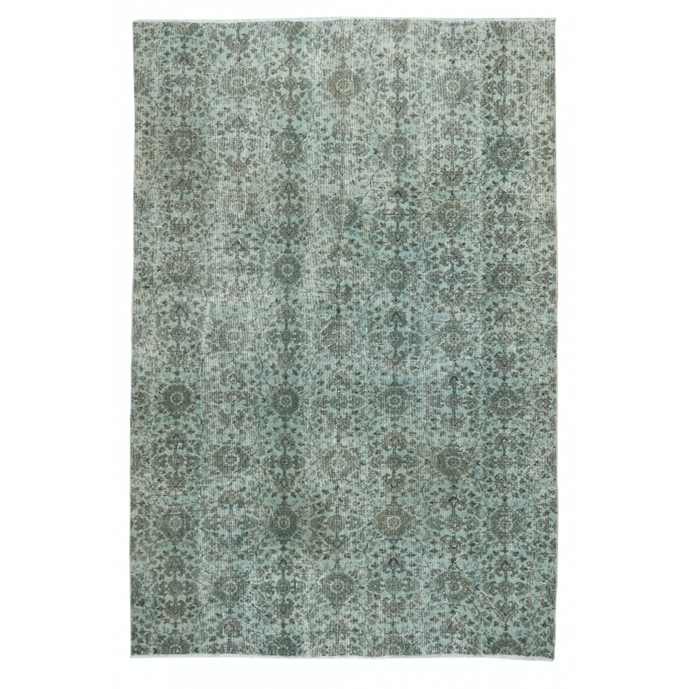 Overdyed Wool Light Blue Area Rug. Modern Floral Design Large Carpet