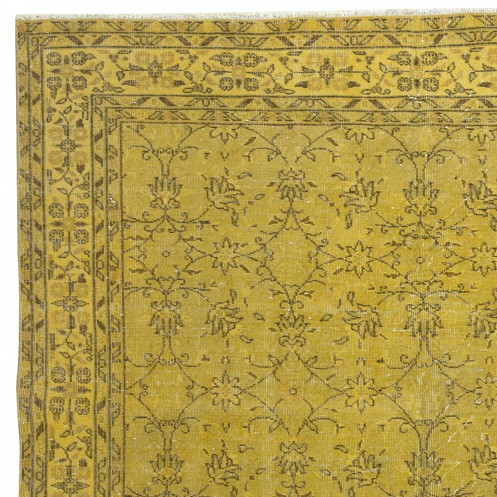 Handmade Turkish Floral Patterned Area Rug in Yellow Color