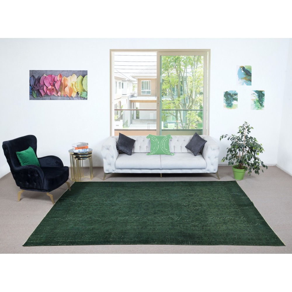 Dark Green Color Wool Area Rug for Modern Interiors, Handmade in Turkey