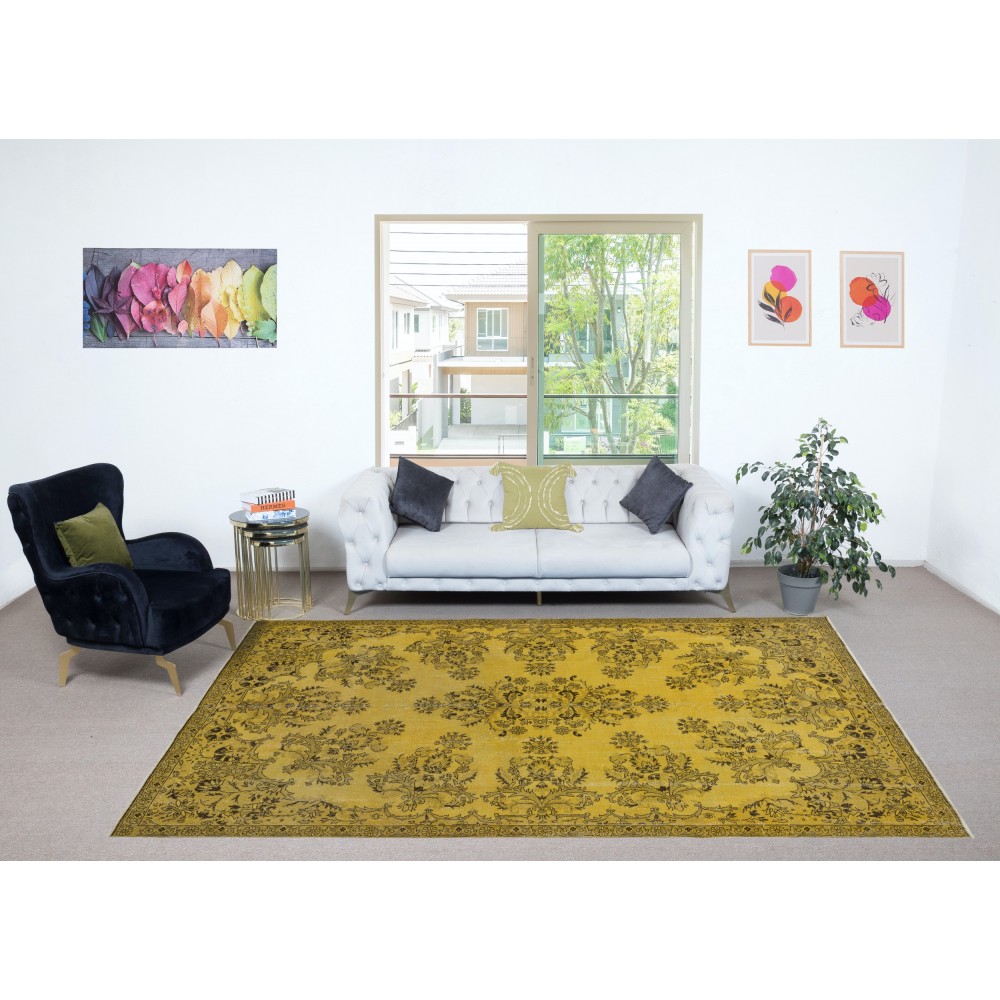 Vintage Turkish Area Rug redyed in Yellow Color for modern interiors