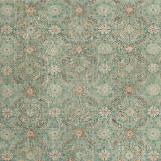Vintage Hand-Made Turkish Green Area Rug with Floral Design & Solid Red Border