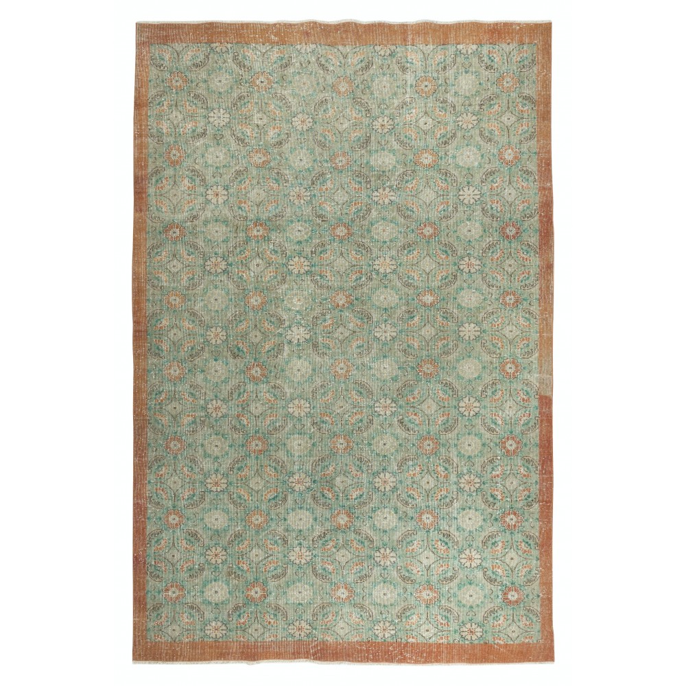 Vintage Hand-Made Turkish Green Area Rug with Floral Design & Solid Red Border
