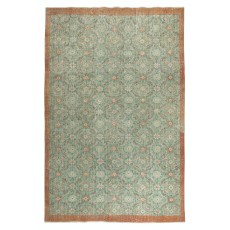 Vintage Hand-Made Turkish Green Area Rug with Floral Design & Solid Red Border