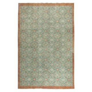 Vintage Hand-Made Turkish Green Area Rug with Floral Design & Solid Red Border