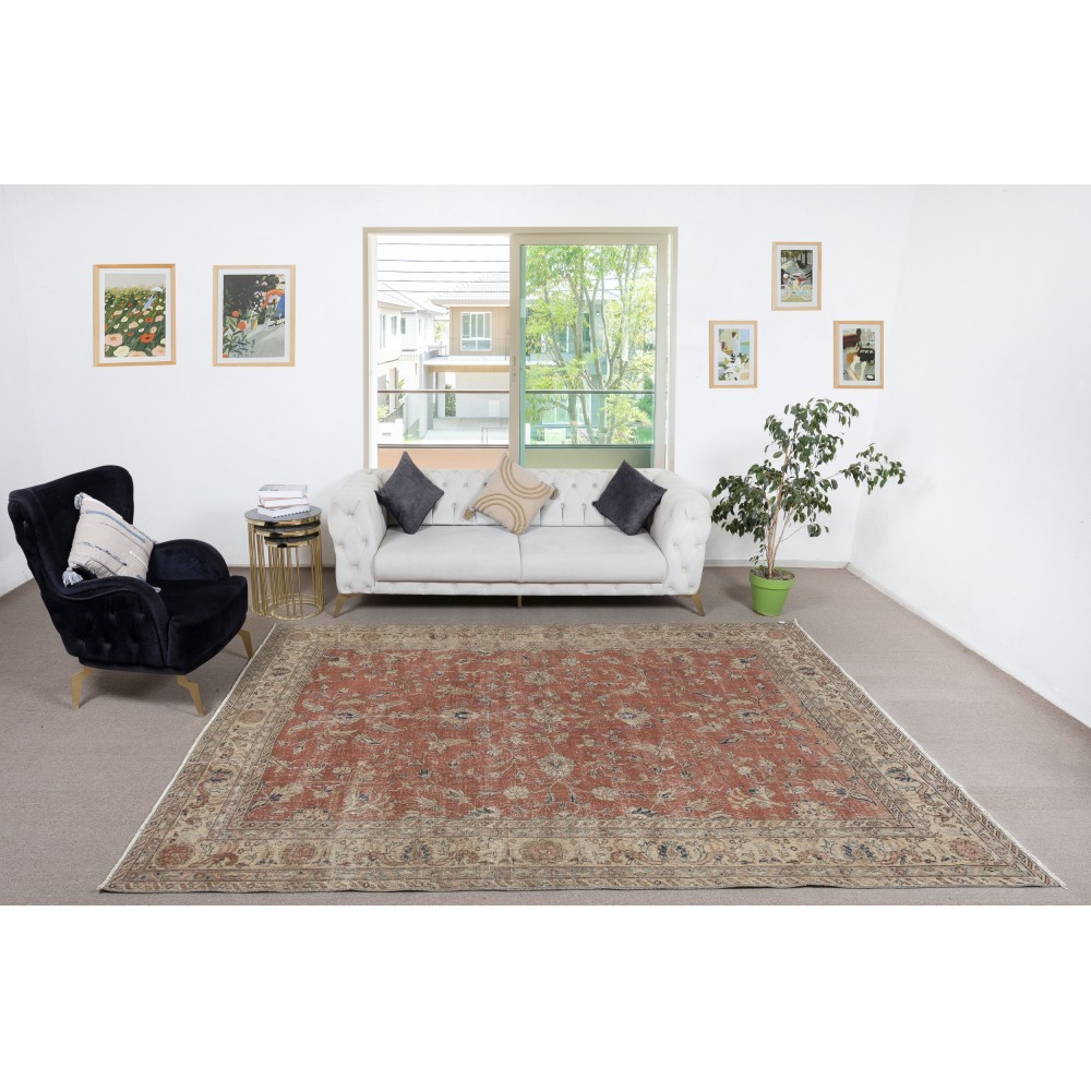Vintage Handmade Soft Red Rug. One of a kind Floral Design Turkish Carpet