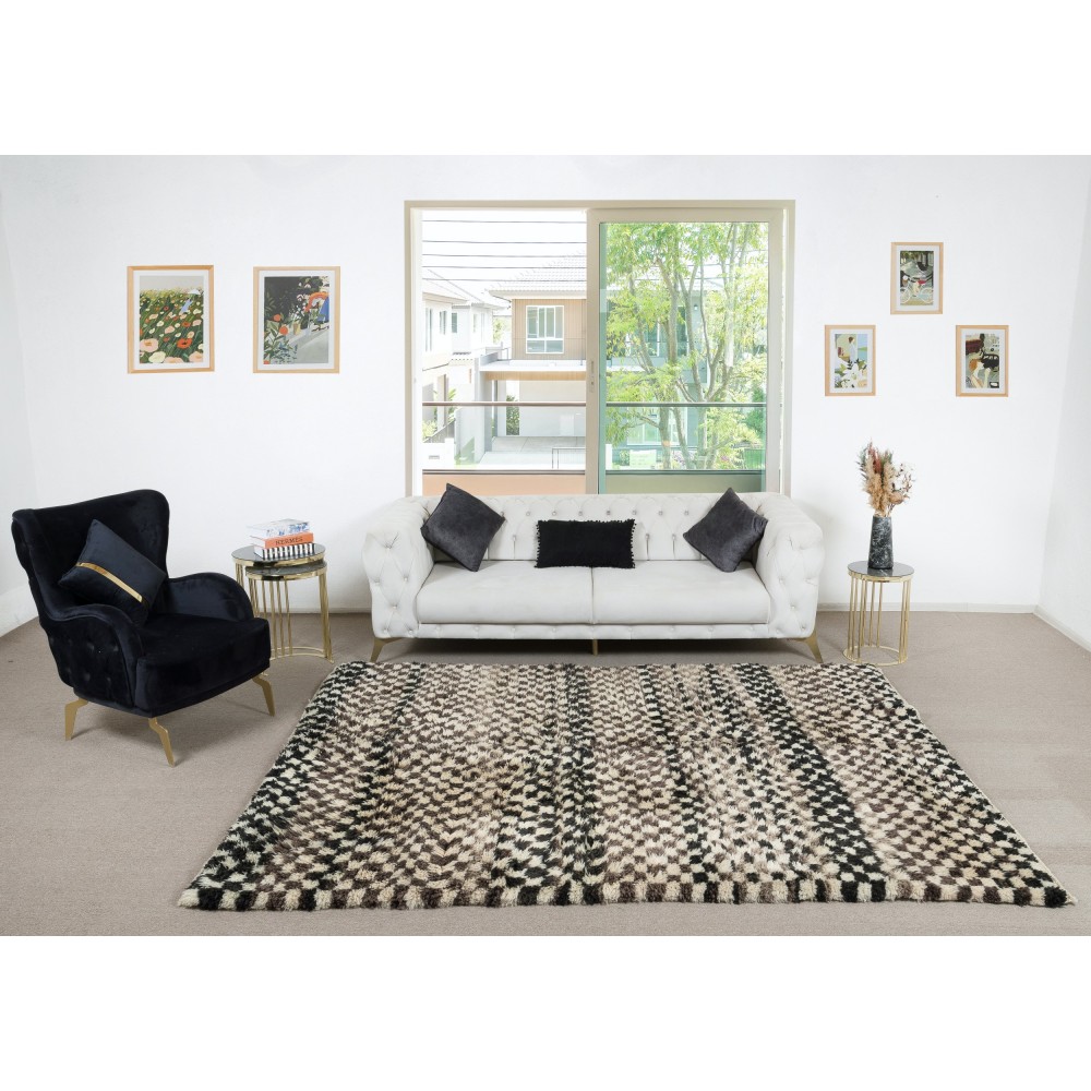 Checkered Handmade Tulu Rug in Beige, Black & Black, 100% Soft, Cozy Wool, Custom Shaggy Carpet for Modern Interior