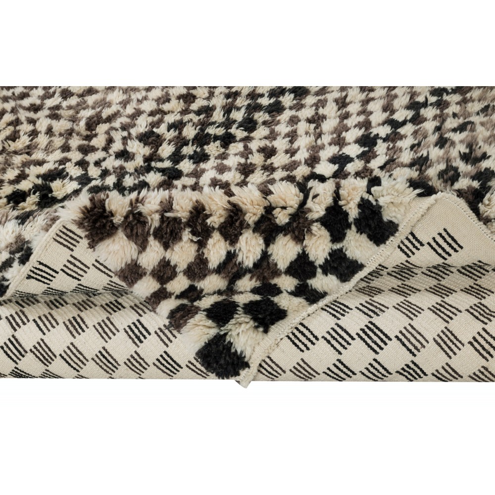 Checkered Handmade Tulu Rug in Beige, Black & Black, 100% Soft, Cozy Wool, Custom Shaggy Carpet for Modern Interior
