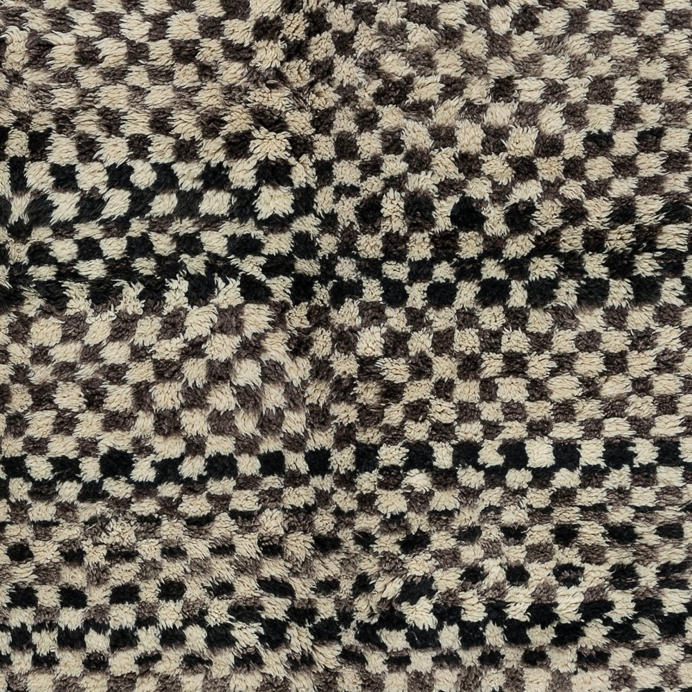 Checkered Handmade Tulu Rug in Beige, Black & Black, 100% Soft, Cozy Wool, Custom Shaggy Carpet for Modern Interior
