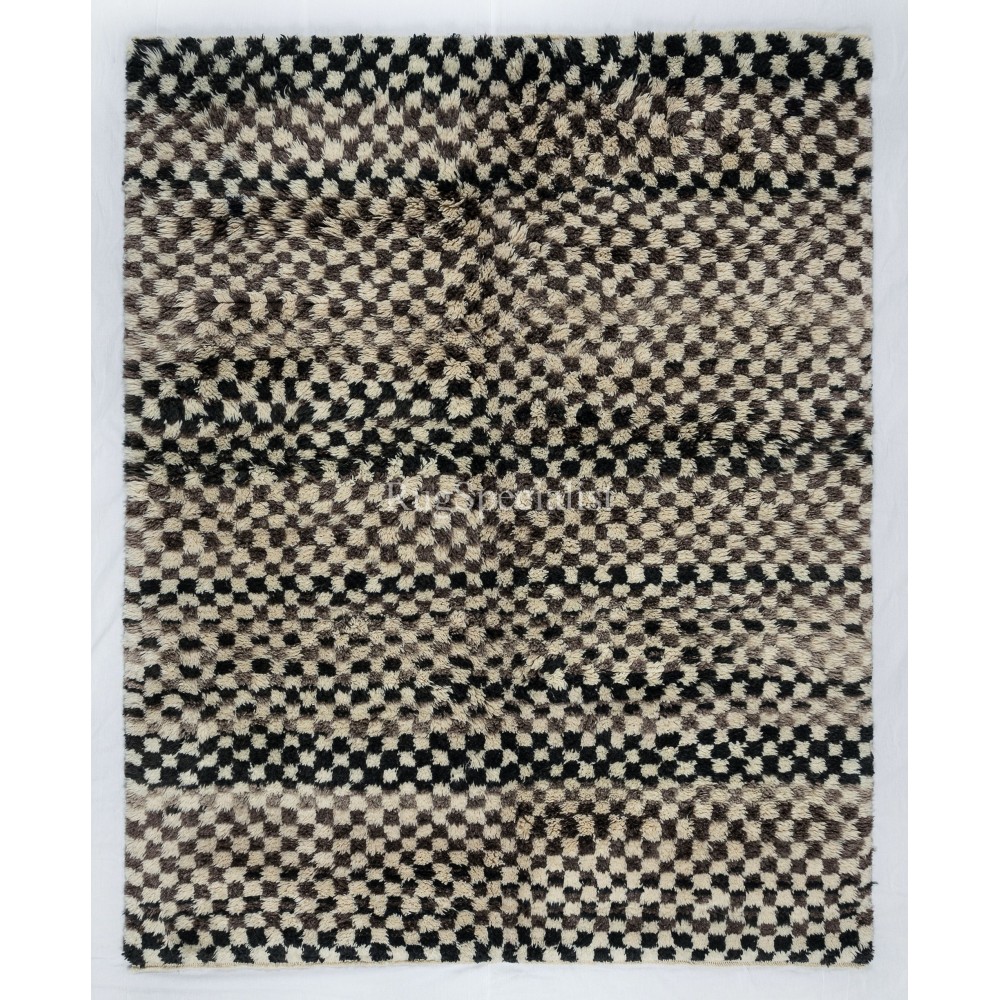 Checkered Handmade Tulu Rug in Beige, Black & Black, 100% Soft, Cozy Wool, Custom Shaggy Carpet for Modern Interior