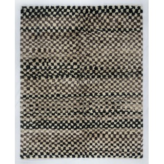 Checkered Handmade Tulu Rug in Beige, Black & Black, 100% Soft, Cozy Wool, Custom Shaggy Carpet for Modern Interior
