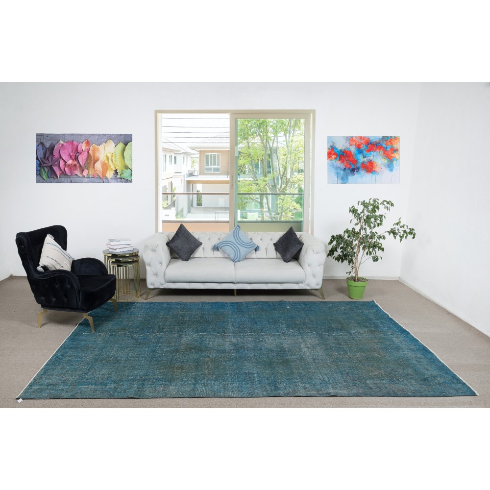 Contemporary Handmade Turkish Area Rug Over-Dyed in Teal Blue Color