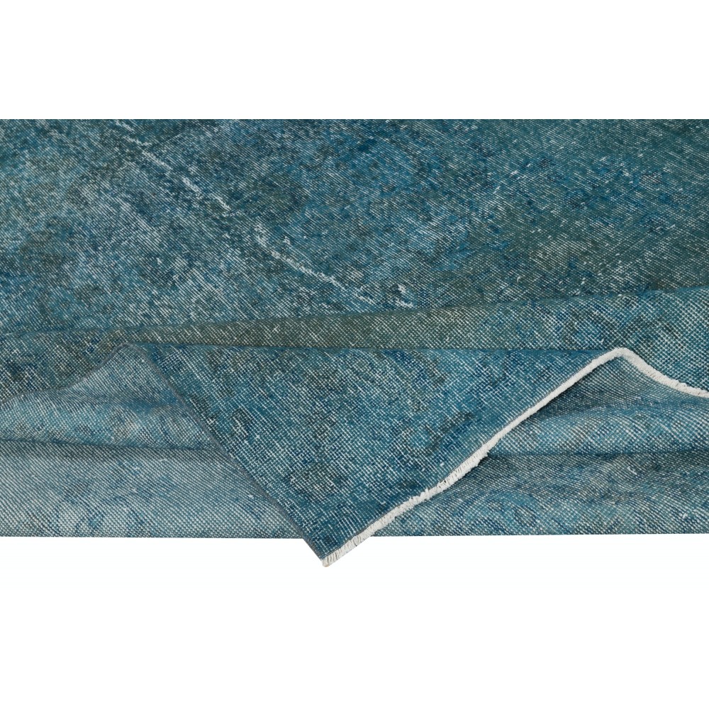Contemporary Handmade Turkish Area Rug Over-Dyed in Teal Blue Color