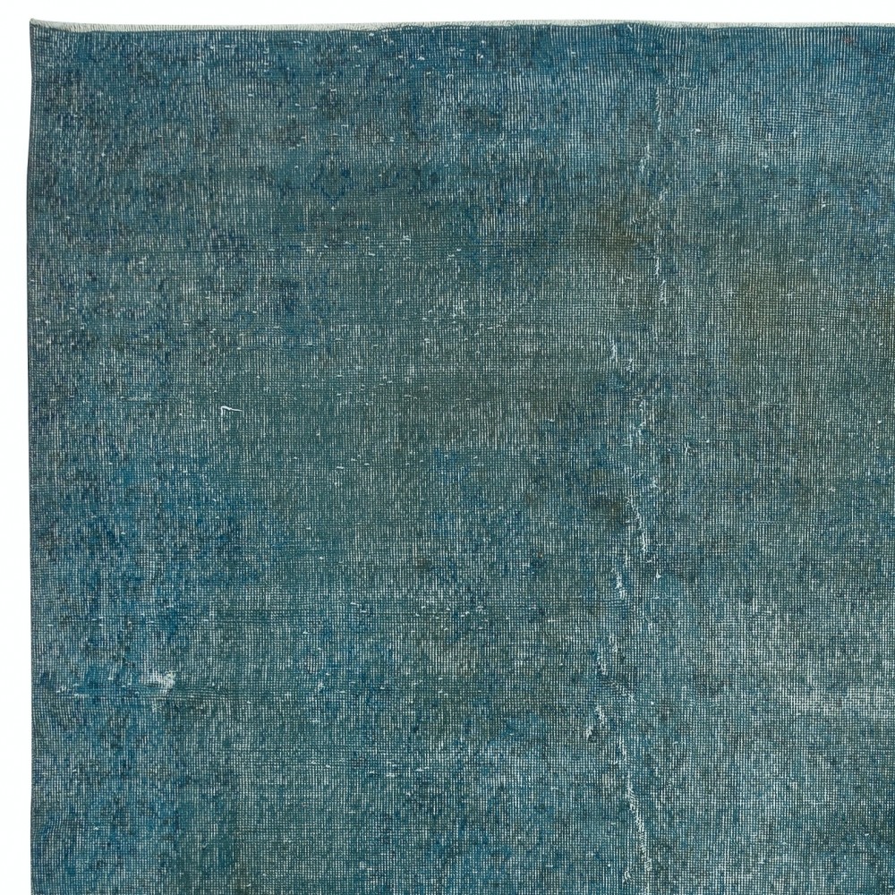 Contemporary Handmade Turkish Area Rug Over-Dyed in Teal Blue Color