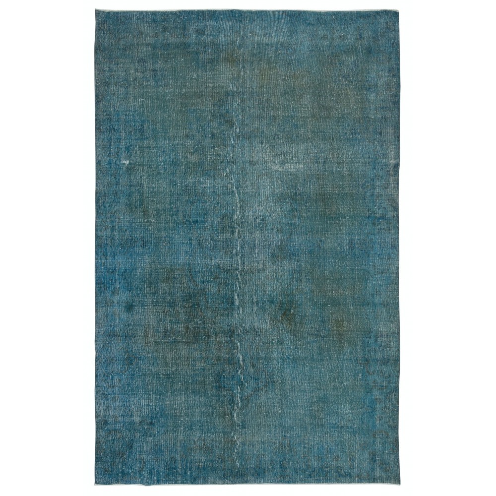 Contemporary Handmade Turkish Area Rug Over-Dyed in Teal Blue Color