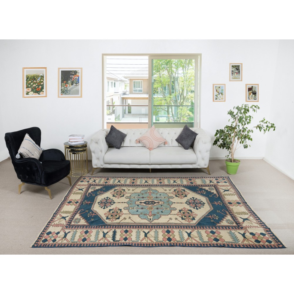 Vintage Handmade Geometric Patterned Turkish Area Rug, 100% Wool