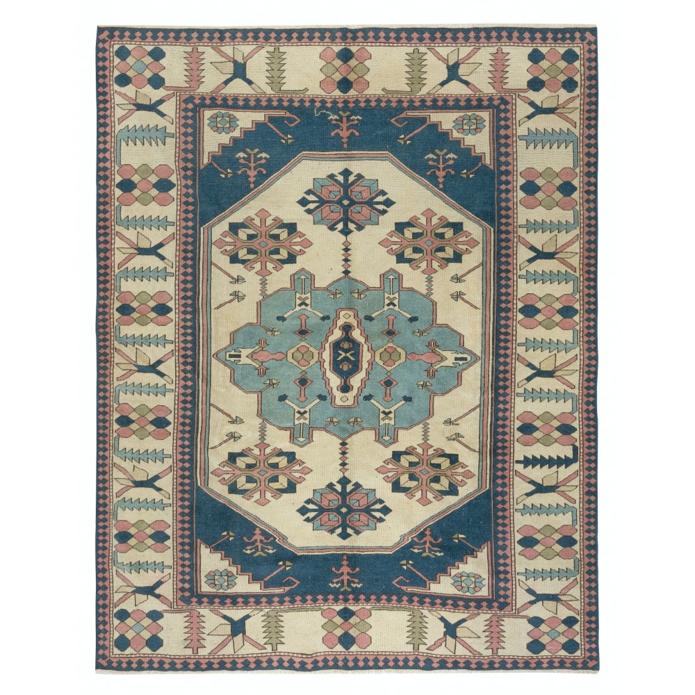 Vintage Handmade Geometric Patterned Turkish Area Rug, 100% Wool