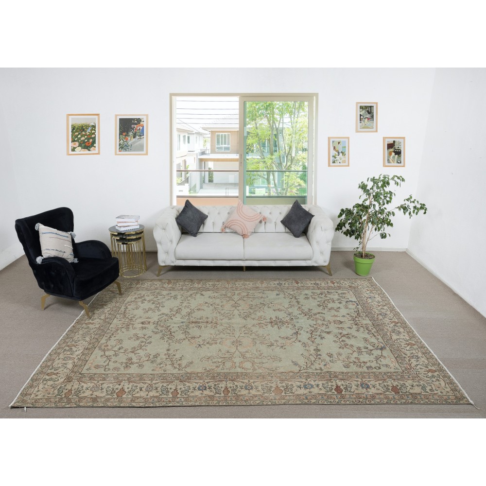Vintage Handmade Soft Green Rug. One of a kind Floral Design Turkish Carpet
