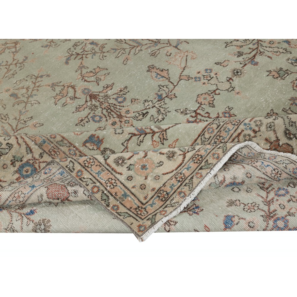 Vintage Handmade Soft Green Rug. One of a kind Floral Design Turkish Carpet