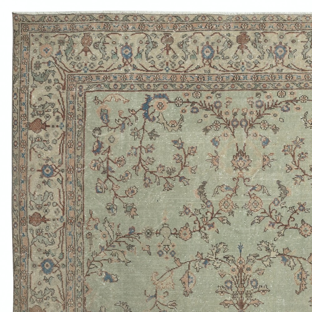 Vintage Handmade Soft Green Rug. One of a kind Floral Design Turkish Carpet