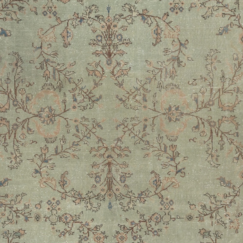 Vintage Handmade Soft Green Rug. One of a kind Floral Design Turkish Carpet