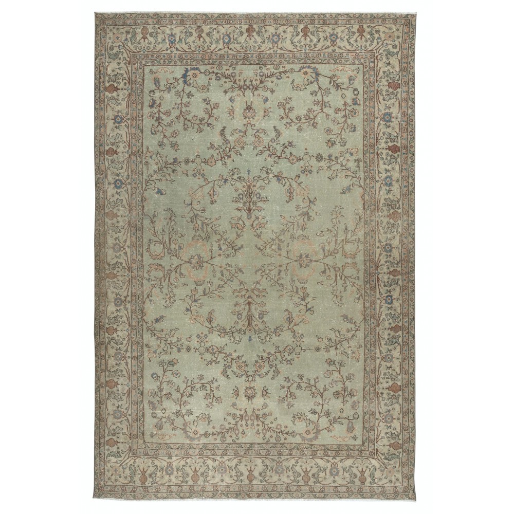 Vintage Handmade Soft Green Rug. One of a kind Floral Design Turkish Carpet