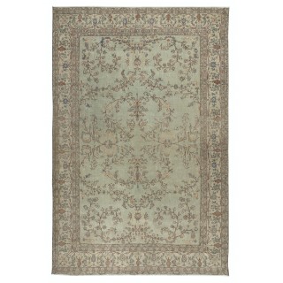 Vintage Handmade Soft Green Rug. One of a kind Floral Design Turkish Carpet