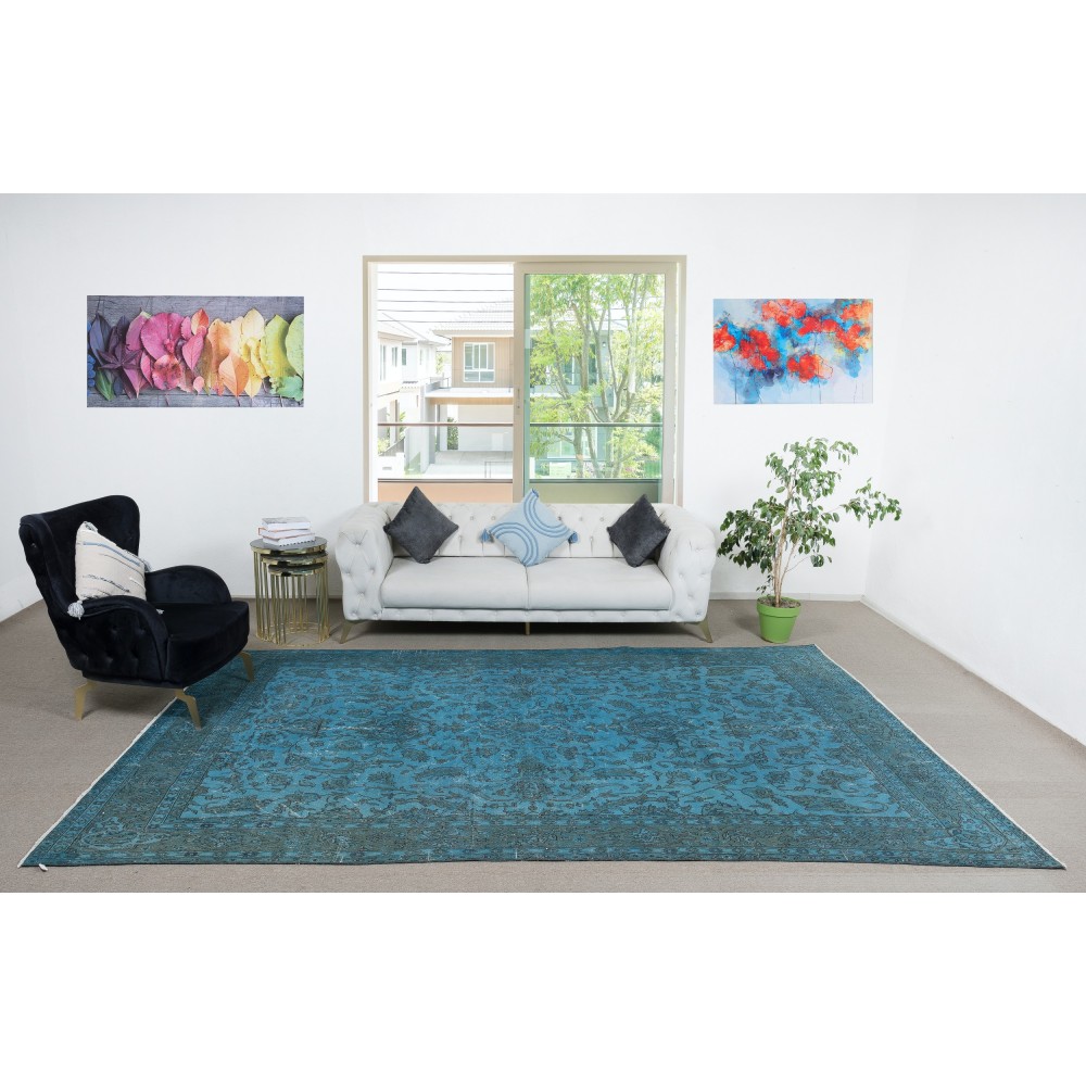 Contemporary Handmade Large Area Rug. Blue Living Room Carpet with Floral Design