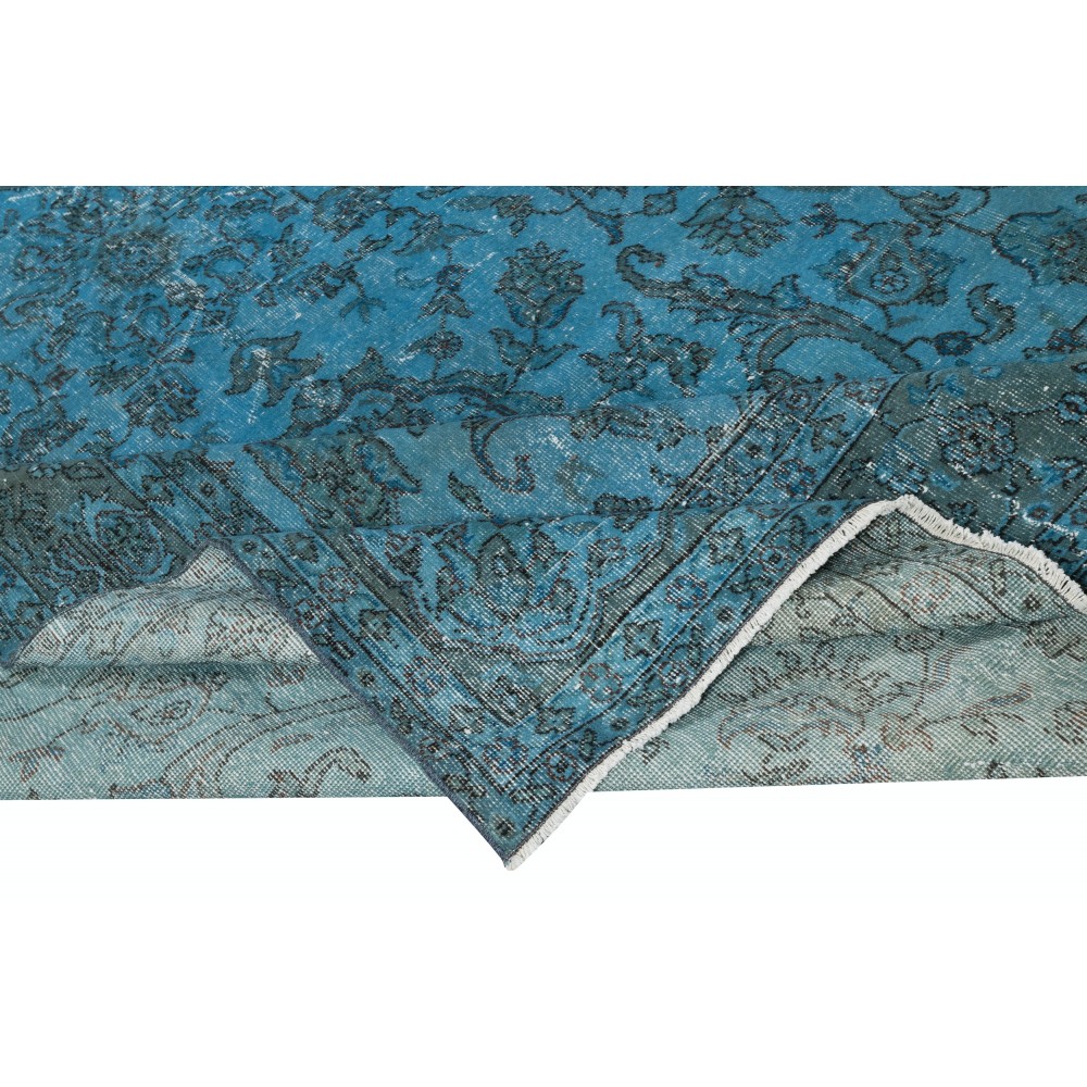 Contemporary Handmade Large Area Rug. Blue Living Room Carpet with Floral Design
