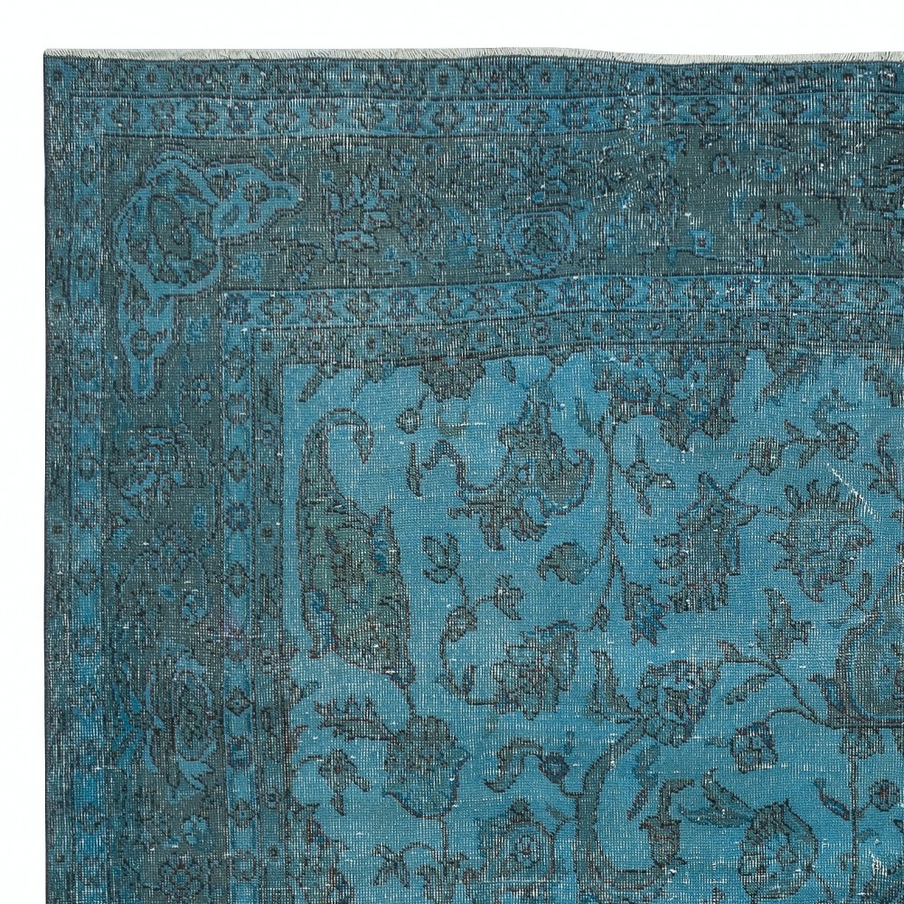 Contemporary Handmade Large Area Rug. Blue Living Room Carpet with Floral Design