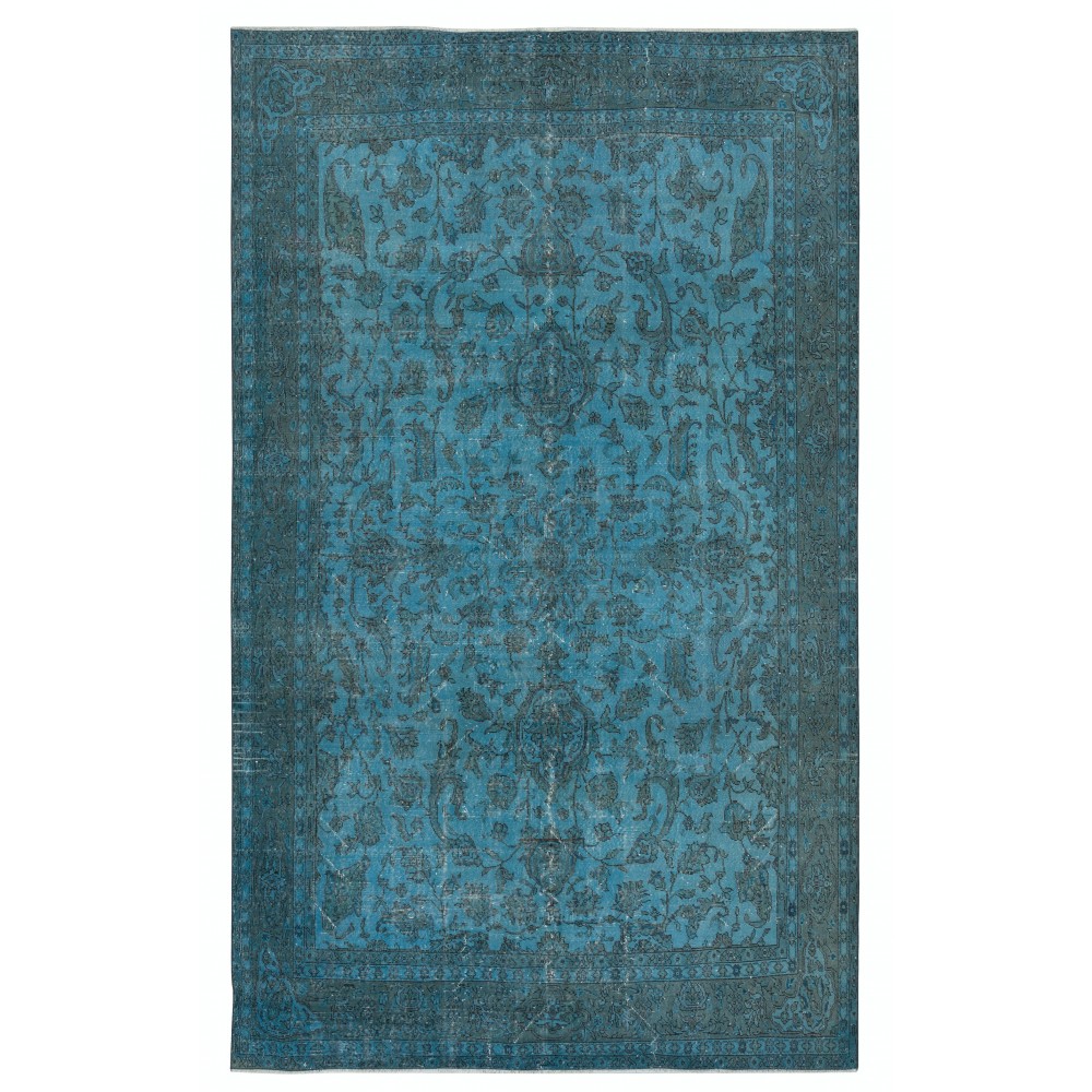 Contemporary Handmade Large Area Rug. Blue Living Room Carpet with Floral Design