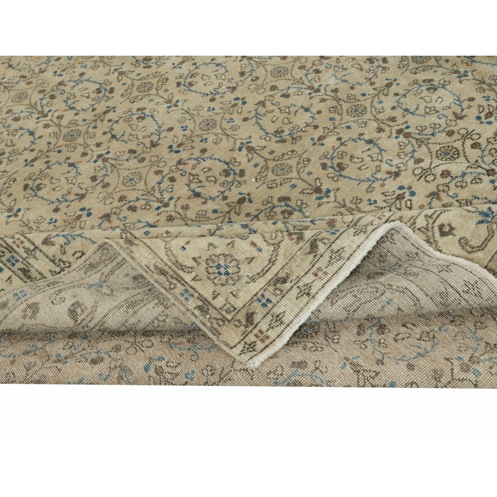 One of a kind Vintage Beige Large Area Rug. Handmade Turkish Carpet with Floral Design