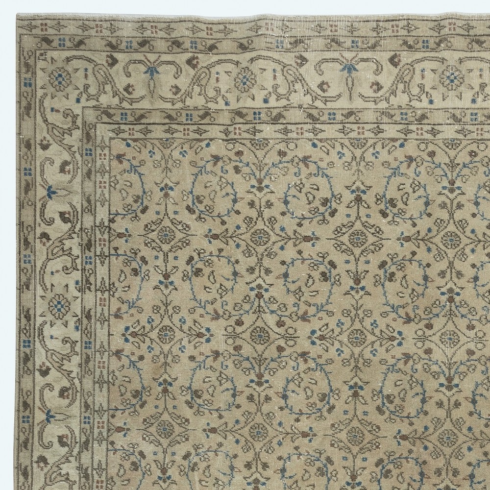 One of a kind Vintage Beige Large Area Rug. Handmade Turkish Carpet with Floral Design
