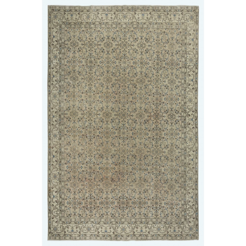 One of a kind Vintage Beige Large Area Rug. Handmade Turkish Carpet with Floral Design