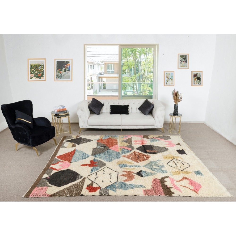 Handmade Moroccan Rug for Kids Room, Modern Tulu Carpet for Living Room, 100% Wool