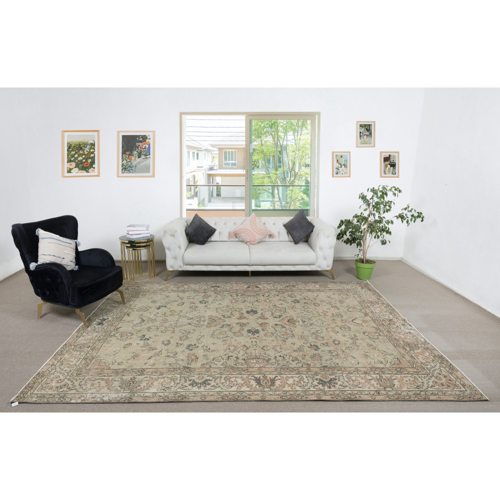 Hand Knotted Turkish Area Rug with Floral Design and Soft Green Field, Vintage Large Carpet