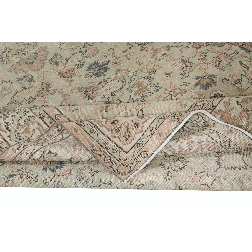 Hand Knotted Turkish Area Rug with Floral Design and Soft Green Field, Vintage Large Carpet