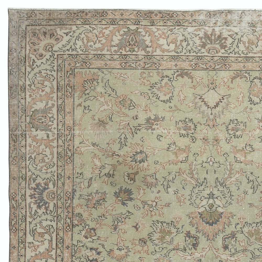 Hand Knotted Turkish Area Rug with Floral Design and Soft Green Field, Vintage Large Carpet