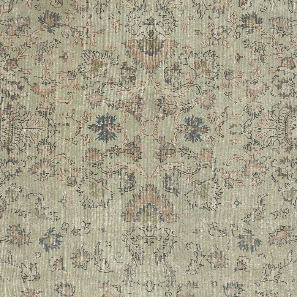 Hand Knotted Turkish Area Rug with Floral Design and Soft Green Field, Vintage Large Carpet