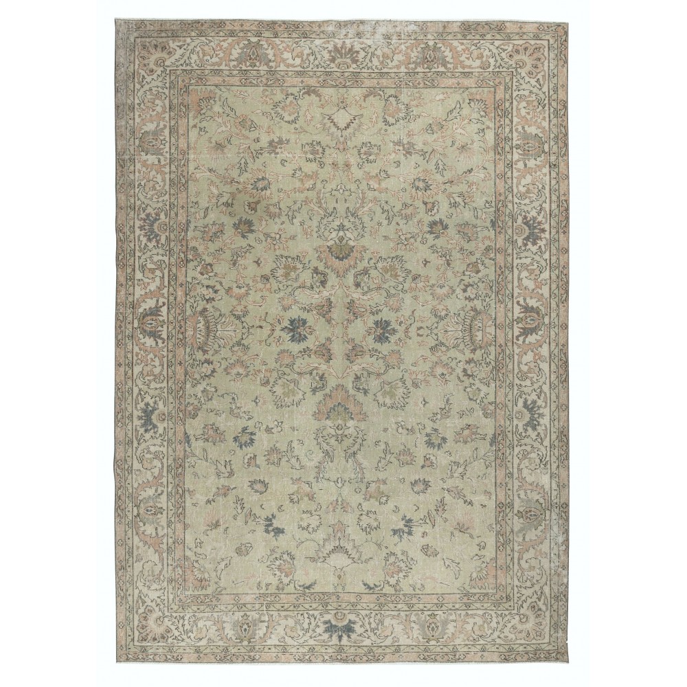 Hand Knotted Turkish Area Rug with Floral Design and Soft Green Field, Vintage Large Carpet