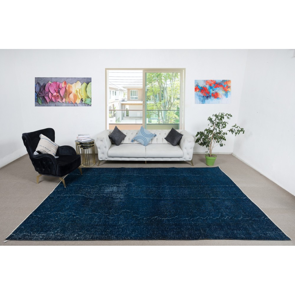 Modern Turkish Area Rug in Navy Blue Color. Contemporary Handmade Carpet
