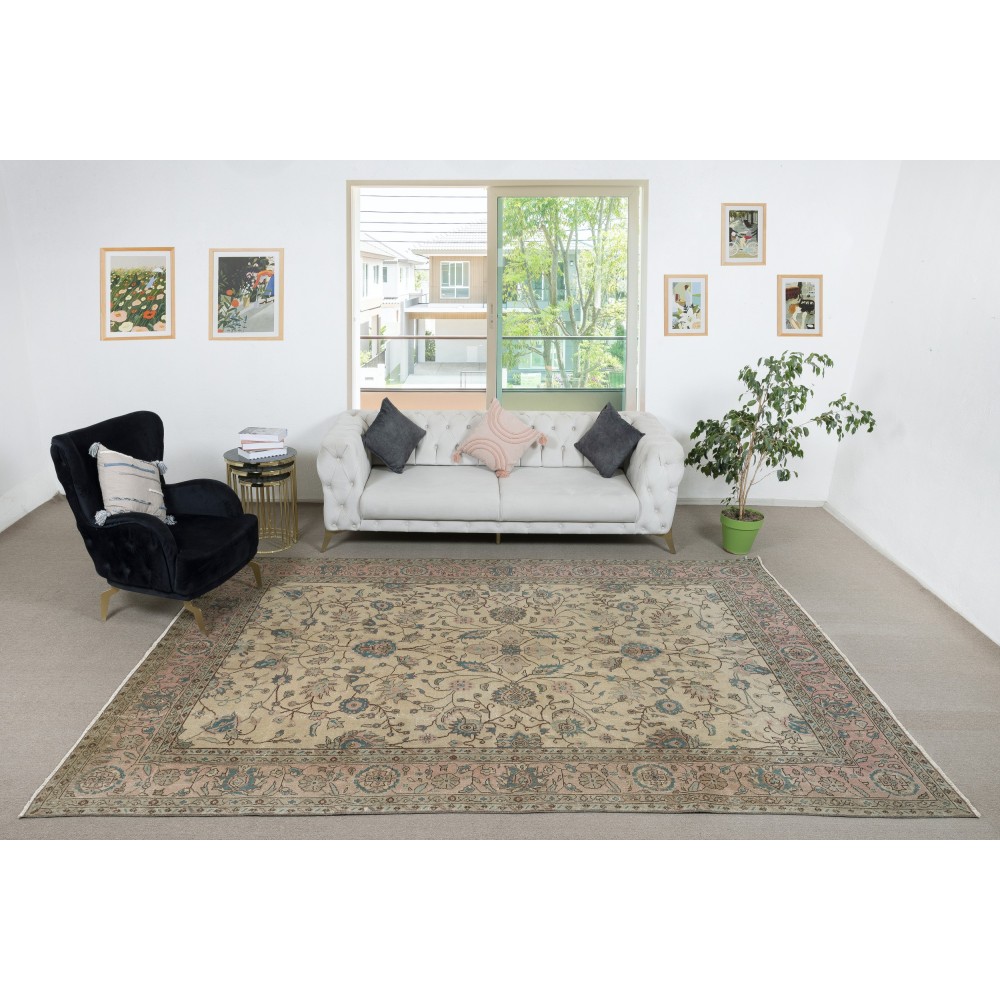 Hand Knotted Turkish Area Rug with Floral Design and Beige Field, Vintage Large Carpet