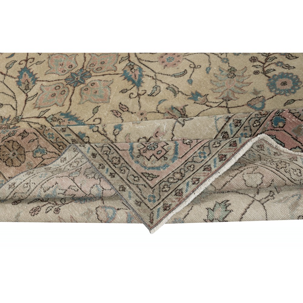 Hand Knotted Turkish Area Rug with Floral Design and Beige Field, Vintage Large Carpet