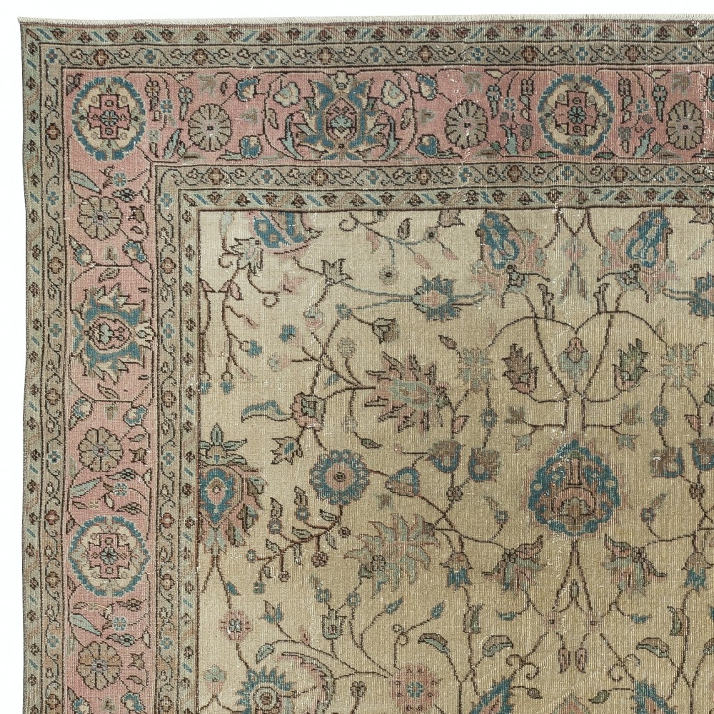 Hand Knotted Turkish Area Rug with Floral Design and Beige Field, Vintage Large Carpet