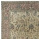 Hand Knotted Turkish Area Rug with Floral Design and Beige Field, Vintage Large Carpet