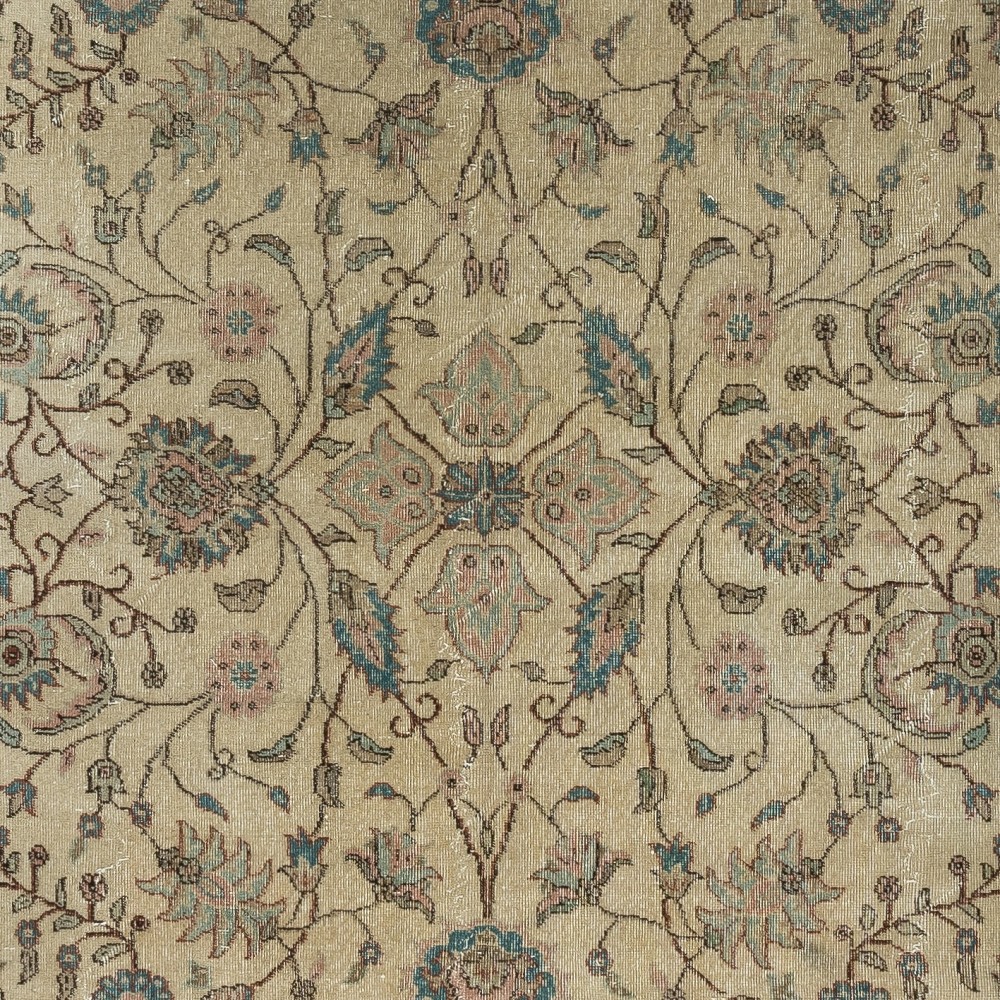 Hand Knotted Turkish Area Rug with Floral Design and Beige Field, Vintage Large Carpet