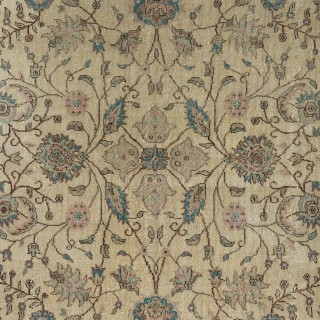 Hand Knotted Turkish Area Rug with Floral Design and Beige Field, Vintage Large Carpet