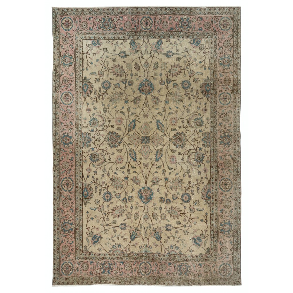 Hand Knotted Turkish Area Rug with Floral Design and Beige Field, Vintage Large Carpet